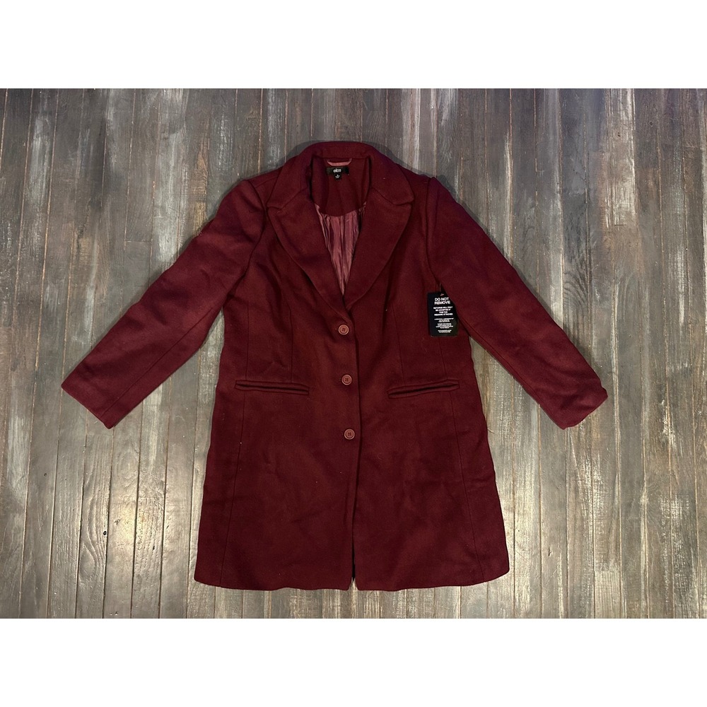 Ellos Womens Burgundy Notched Lapel Three Button Walker Coat Maroon